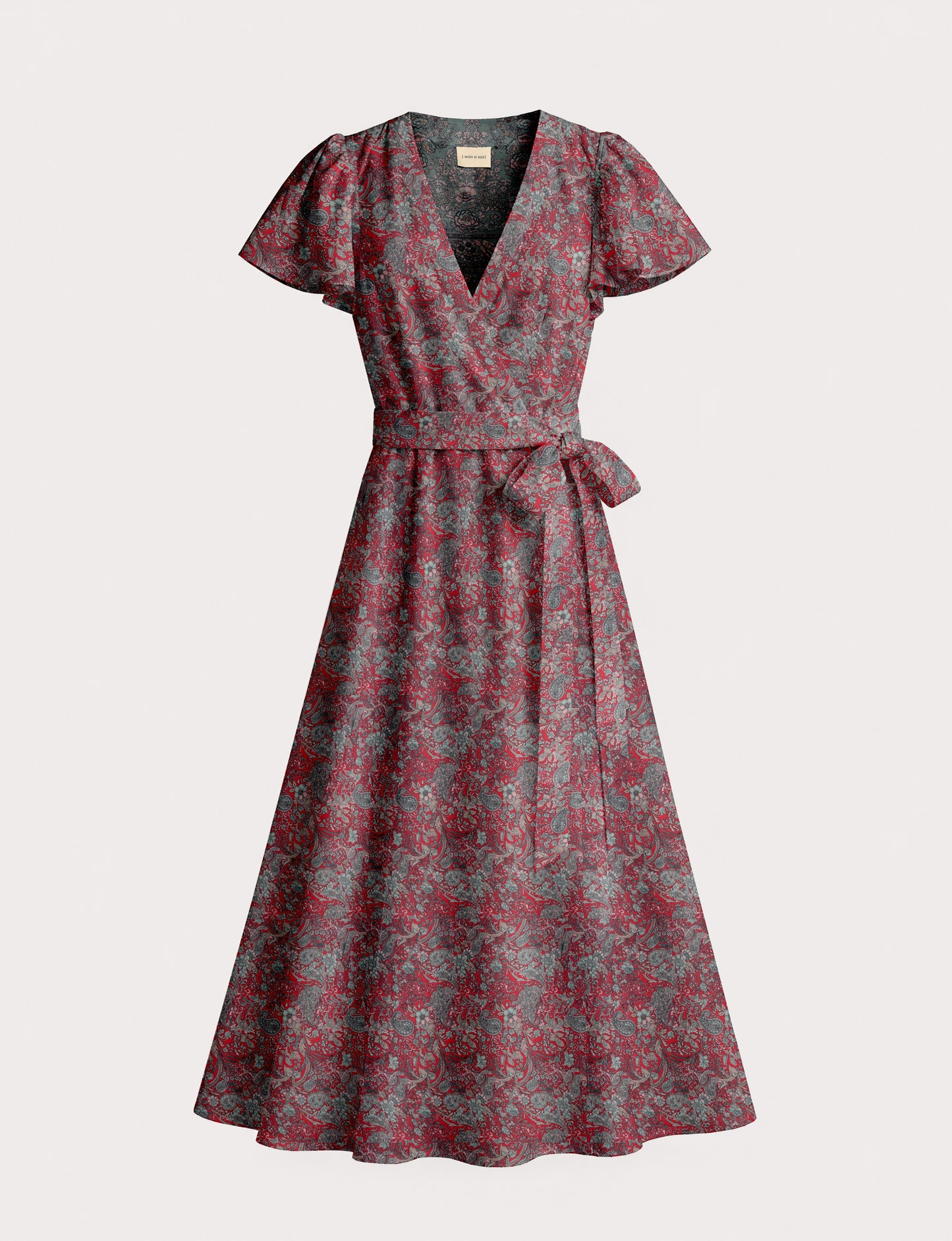 Midi wrap dress with V-neckline, fitted bodice, tie waist, and flared mid-calf skirt