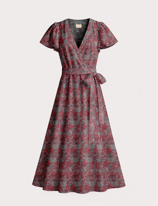 Midi wrap dress with V-neckline, fitted bodice, tie waist, and flared mid-calf skirt
