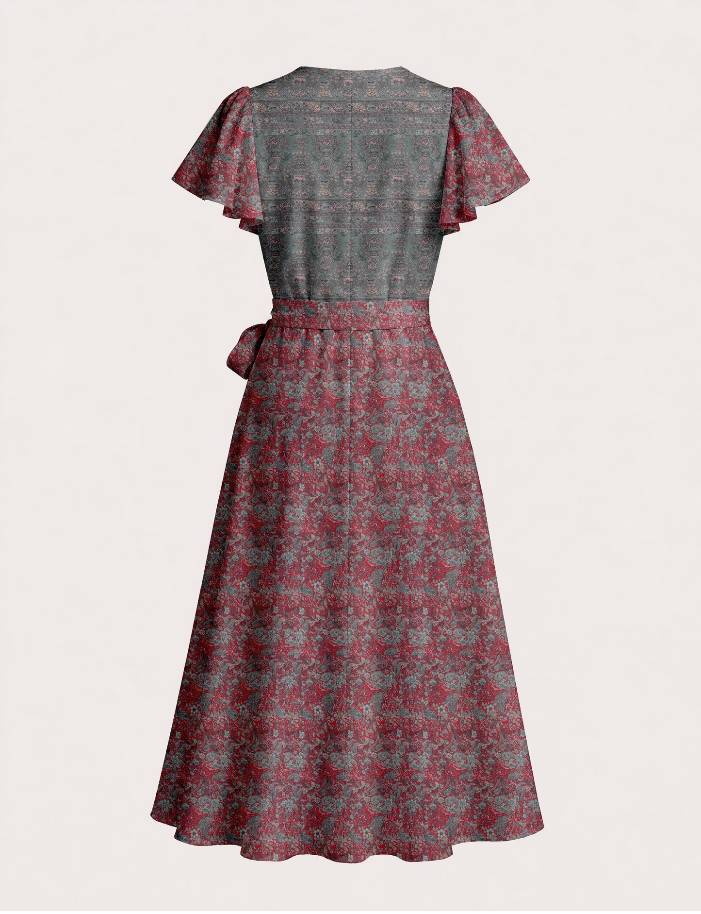 Midi wrap dress with V-neckline, fitted bodice, tie waist, and flared mid-calf skirt