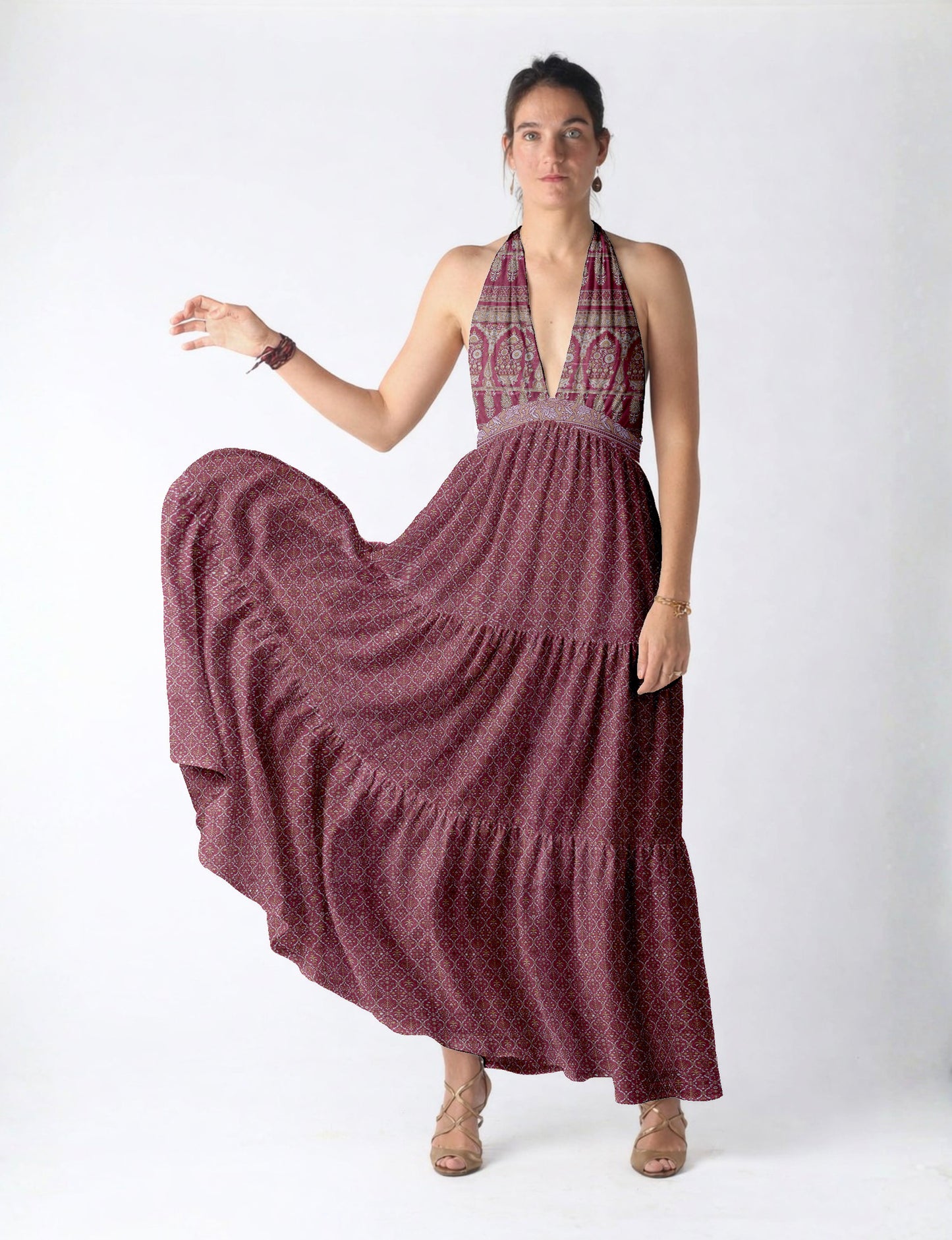 Flowy maxi tiered dress for vacations, brunch, and evening wear