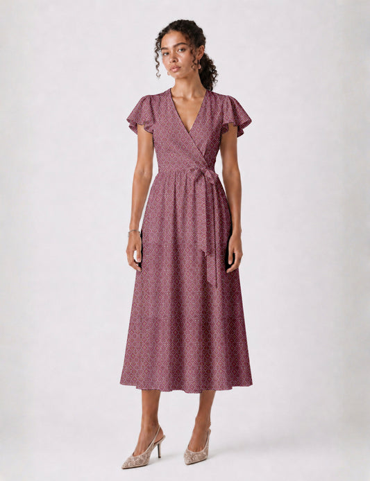 Elegant midi wrap dress with a V-neckline, adjustable waist tie, fitted bodice, and flared skirt for a timeless, flattering silhouette.
