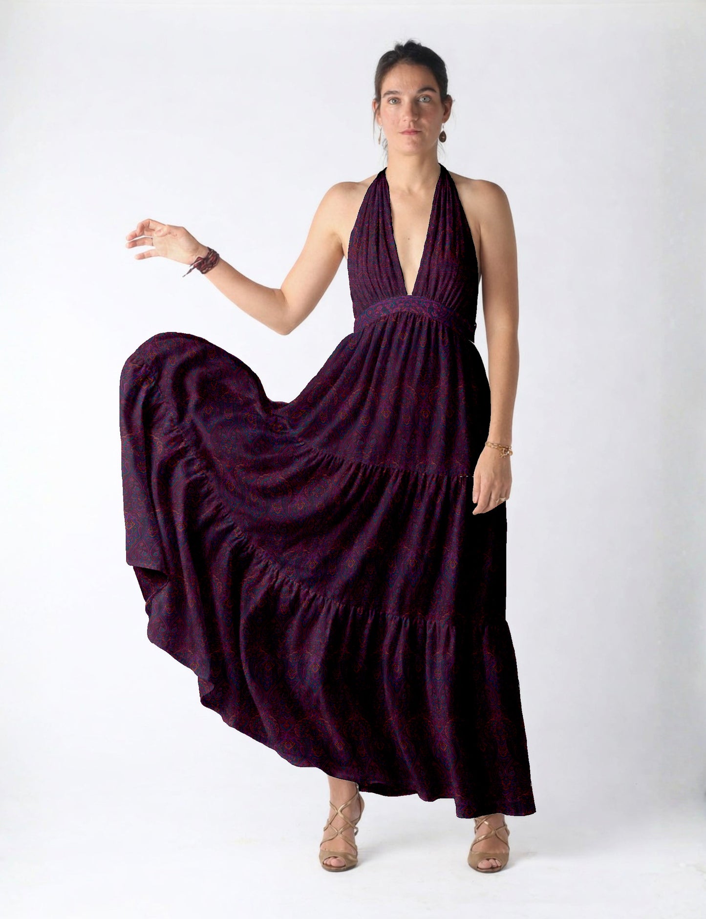 Maxi tiered dress by I was a Sari with halter neckline and flowy silhouette