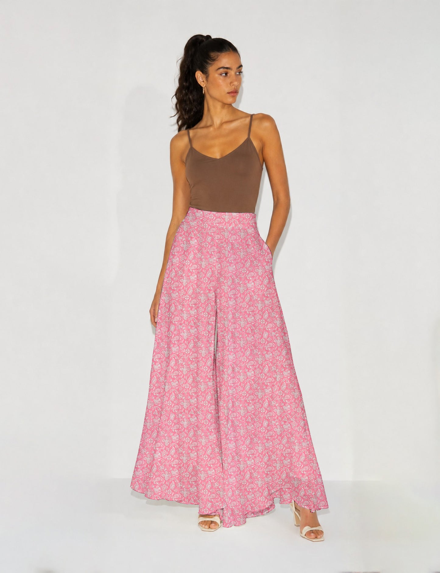 Wide Leg Palazzo Trousers - Pink Tropical