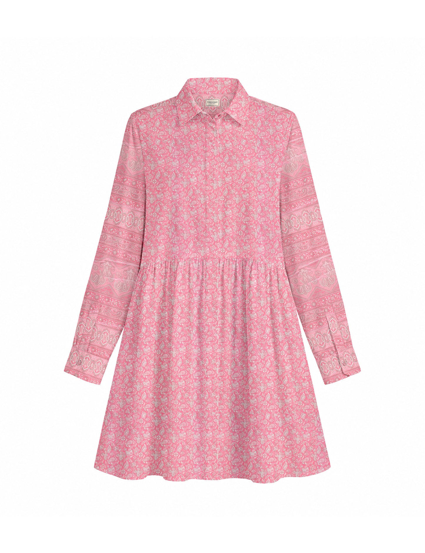 Short shirt dress with a relaxed A-line silhouette, point collar, partial button placket, gathered waist, side pockets, and full-length cuffed sleeves.
