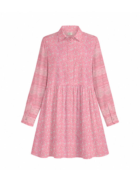 Short shirt dress with a relaxed A-line silhouette, point collar, partial button placket, gathered waist, side pockets, and full-length cuffed sleeves.