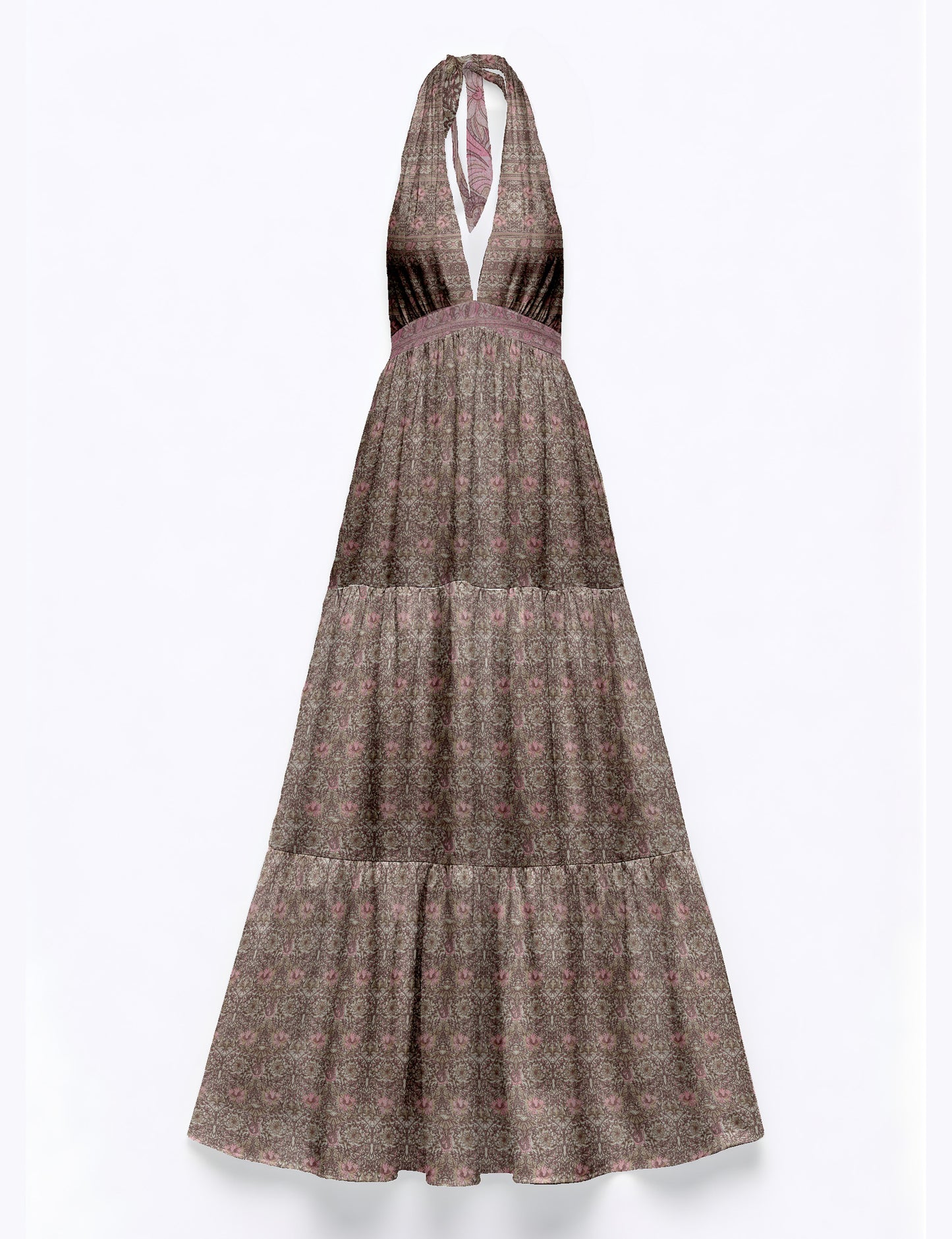 Maxi tiered dress by I was a Sari with halter neckline and flowy silhouette