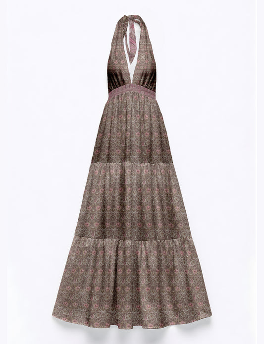 Maxi tiered dress by I was a Sari with halter neckline and flowy silhouette