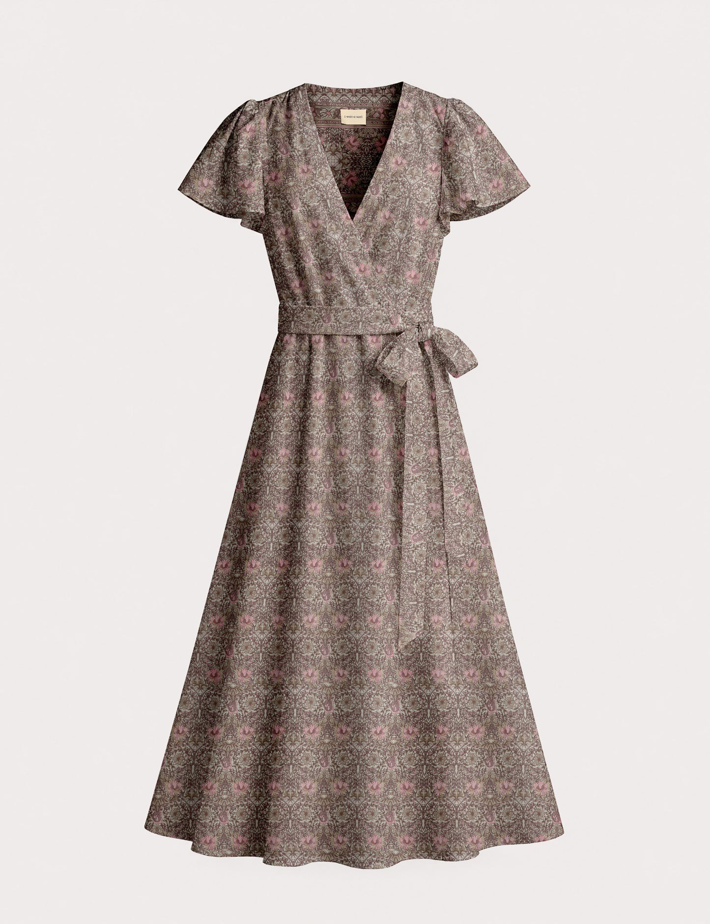 Elegant midi wrap dress with a V-neckline, adjustable waist tie, fitted bodice, and flared skirt for a timeless, flattering silhouette.