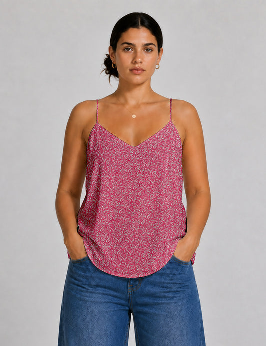 Women's sleeveless slip top with a relaxed straight fit, soft V-neckline, deep V-back, and delicate spaghetti straps.