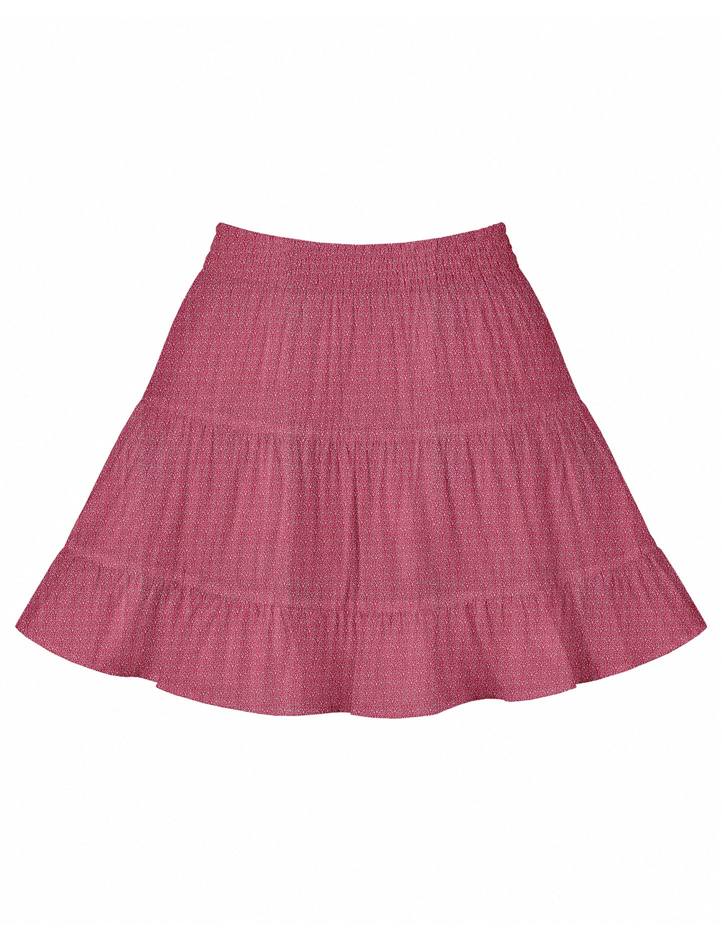 Short tiered skirt with a fitted waistband, knife pleats, softly flared silhouette, side seam pockets, and above-the-knee length.