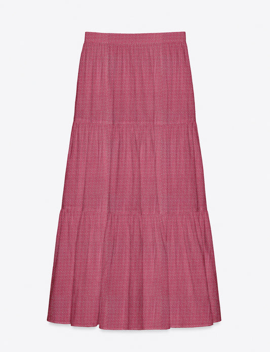 Yellow midi tiered skirt with small dark geometric micro pattern, flat lay front view