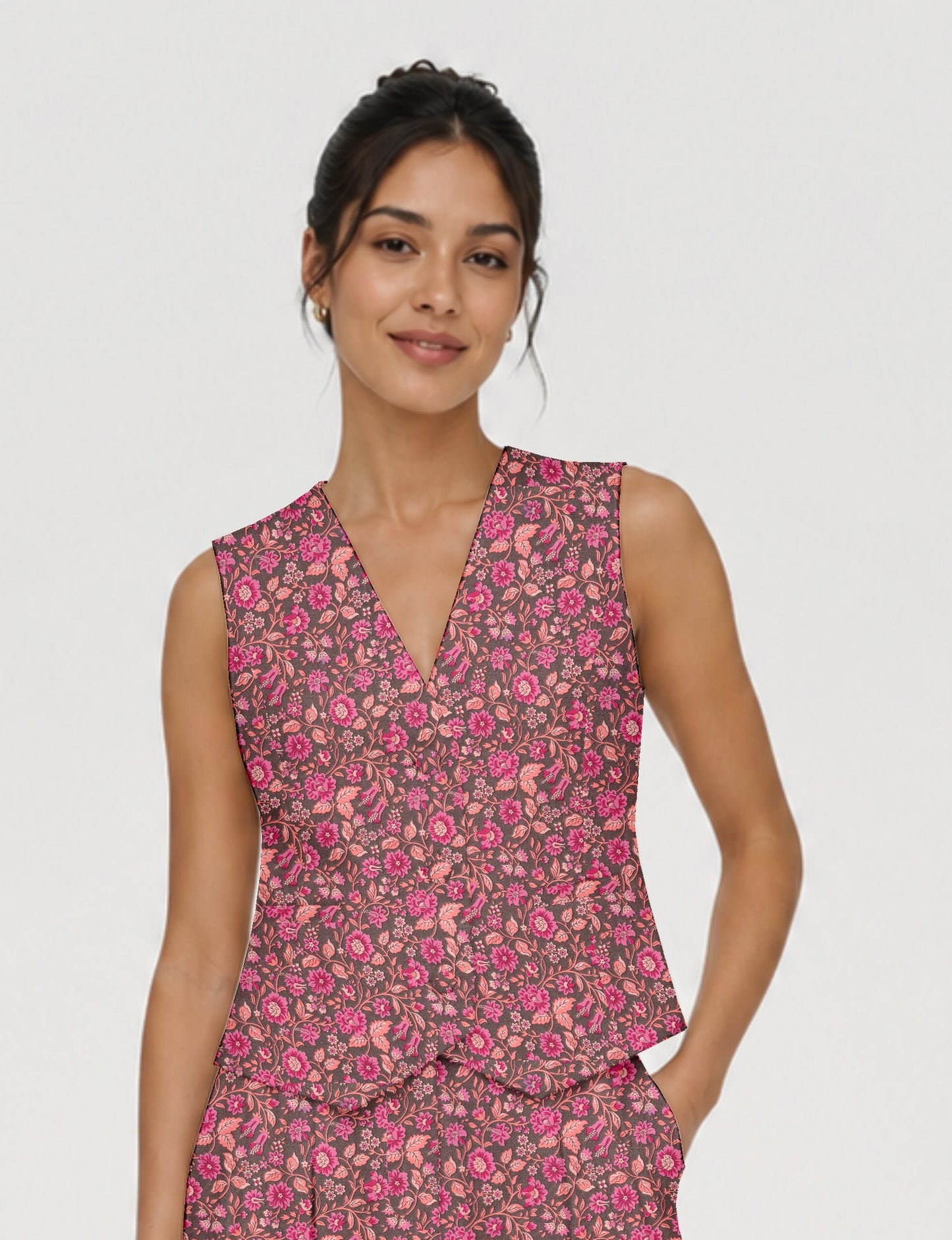 Women's fitted waistcoat with V-neck, single-breasted button closure, tailored silhouette, and pointed hem in sustainable fashion.