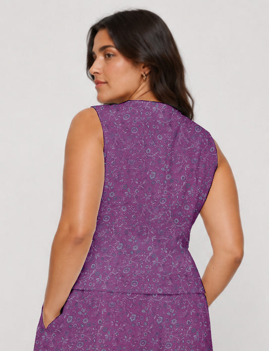Women's fitted waistcoat with V-neck, single-breasted button closure, tailored silhouette, and pointed hem in sustainable fashion.