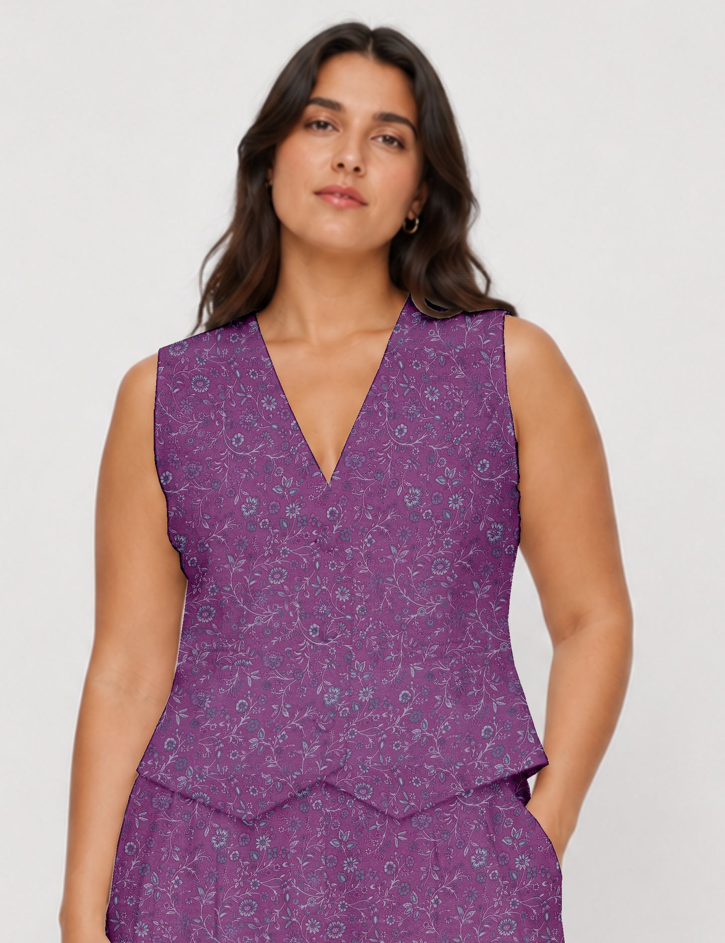 Women's fitted waistcoat with V-neck, single-breasted button closure, tailored silhouette, and pointed hem in sustainable fashion.