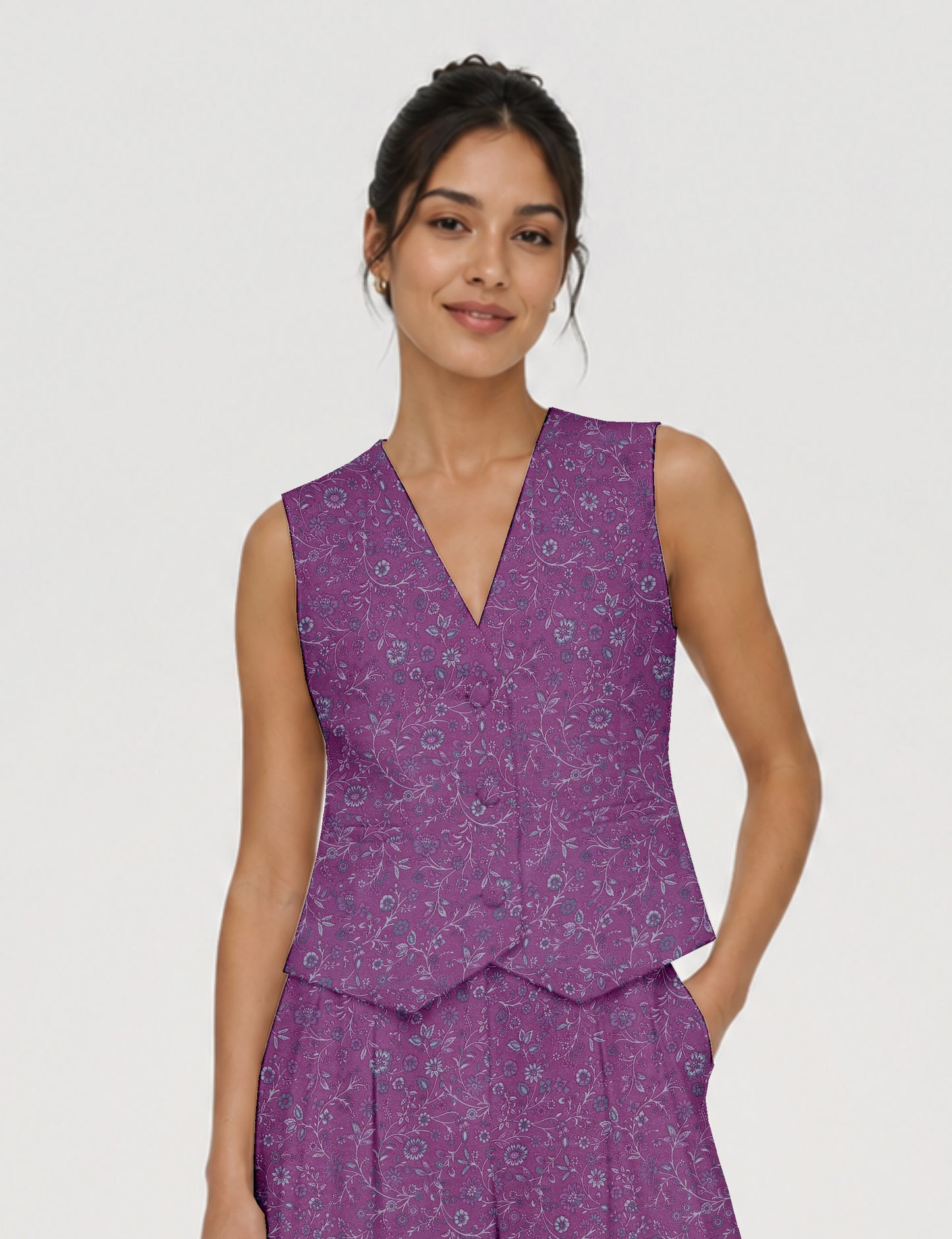 Women's fitted waistcoat with V-neck, single-breasted button closure, tailored silhouette, and pointed hem in sustainable fashion.