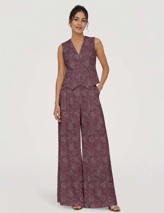 Women's tailored waistcoat set with a sleeveless V-neck button-front waistcoat and high-rise wide leg trousers in a coordinated matching outfit.