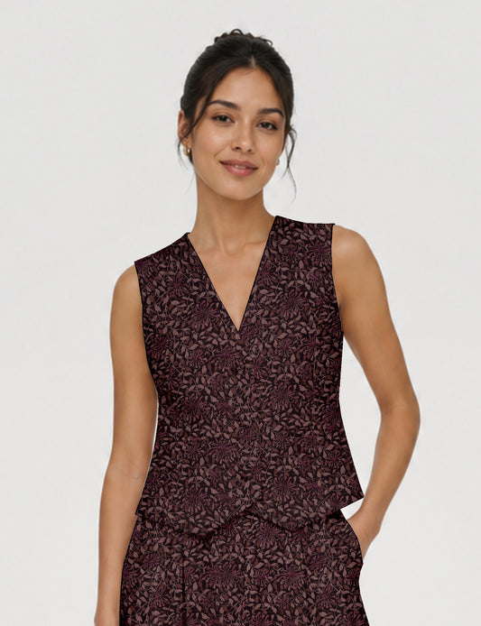 Women's fitted waistcoat with V-neck, single-breasted button closure, tailored silhouette, and pointed hem in sustainable fashion.