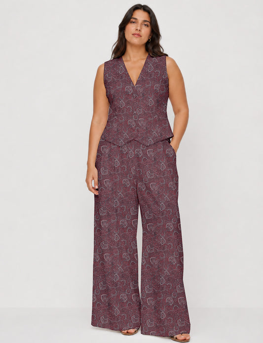 Women's tailored waistcoat set with a sleeveless V-neck button-front waistcoat and high-rise wide leg trousers in a coordinated matching outfit.