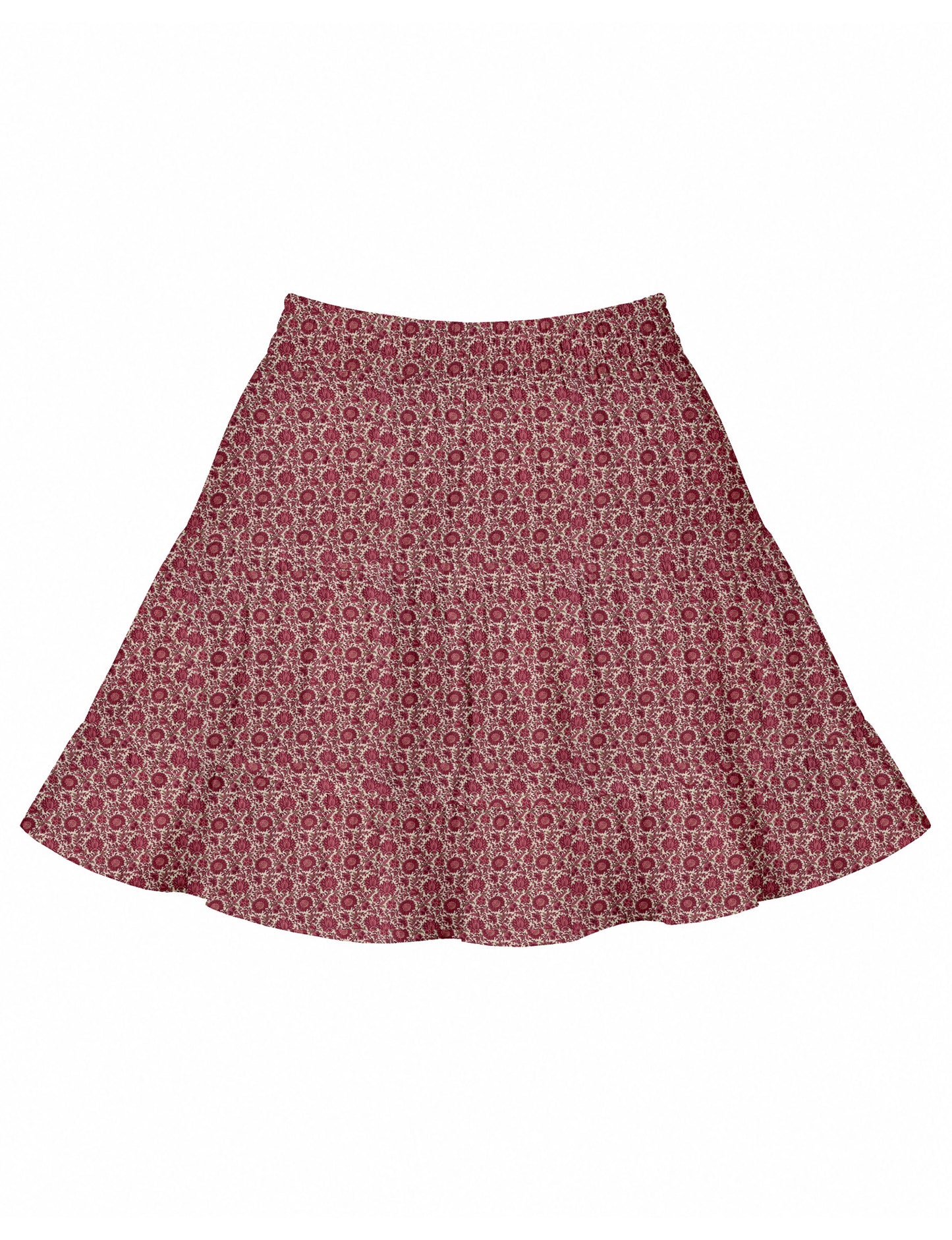 Short tiered skirt with a fitted waistband, knife pleats, softly flared silhouette, side seam pockets, and above-the-knee length.