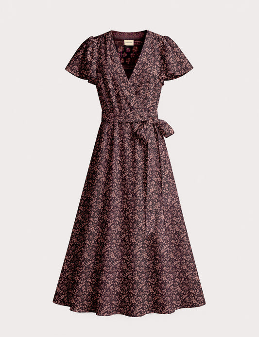 Elegant midi wrap dress with a V-neckline, adjustable waist tie, fitted bodice, and flared skirt for a timeless, flattering silhouette.