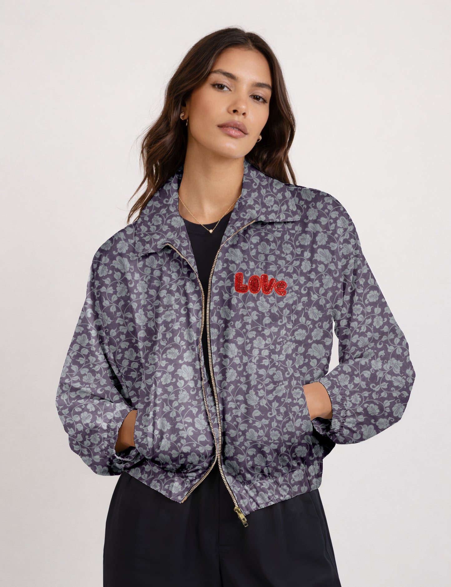 Love Bomber Jacket made from recycled fabric, featuring hand-stitched Aari embroidery. A unique piece of zero-waste clothing, part of the circular fashion movement. Designed with upcycled materials for a stylish yet environmentally friendly clothing choice.