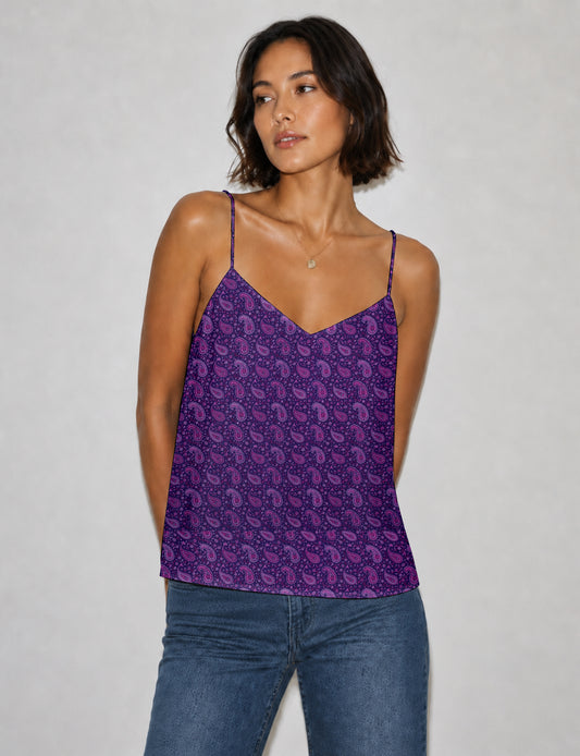 Women's sleeveless slip top with a relaxed straight fit, soft V-neckline, deep V-back, and delicate spaghetti straps.