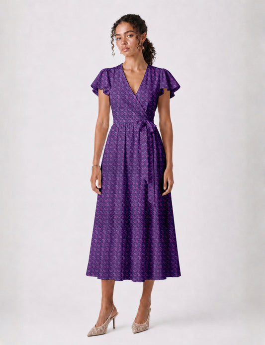 Midi wrap dress with V-neckline, fitted bodice, tie waist, and flared mid-calf skirt
