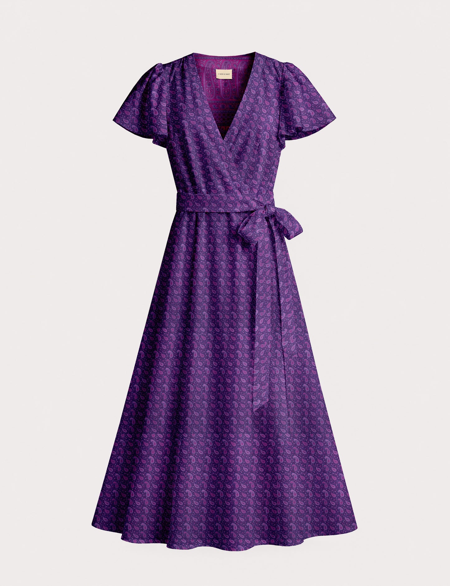 Midi wrap dress with V-neckline, fitted bodice, tie waist, and flared mid-calf skirt