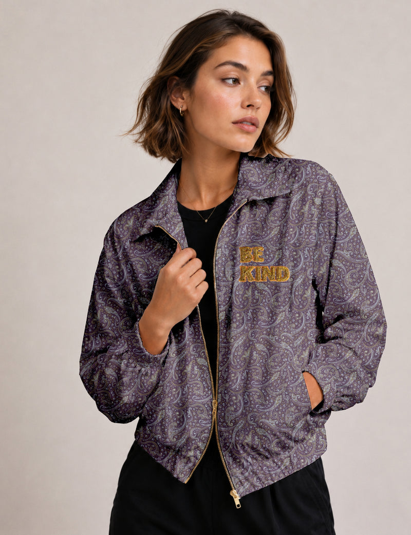 BE KIND Bomber jacket made from upcycled sari fabric with handcrafted Aari embroidery by female artisans.