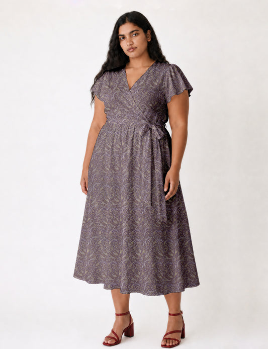 Elegant midi wrap dress with a V-neckline, adjustable waist tie, fitted bodice, and flared skirt for a timeless, flattering silhouette.