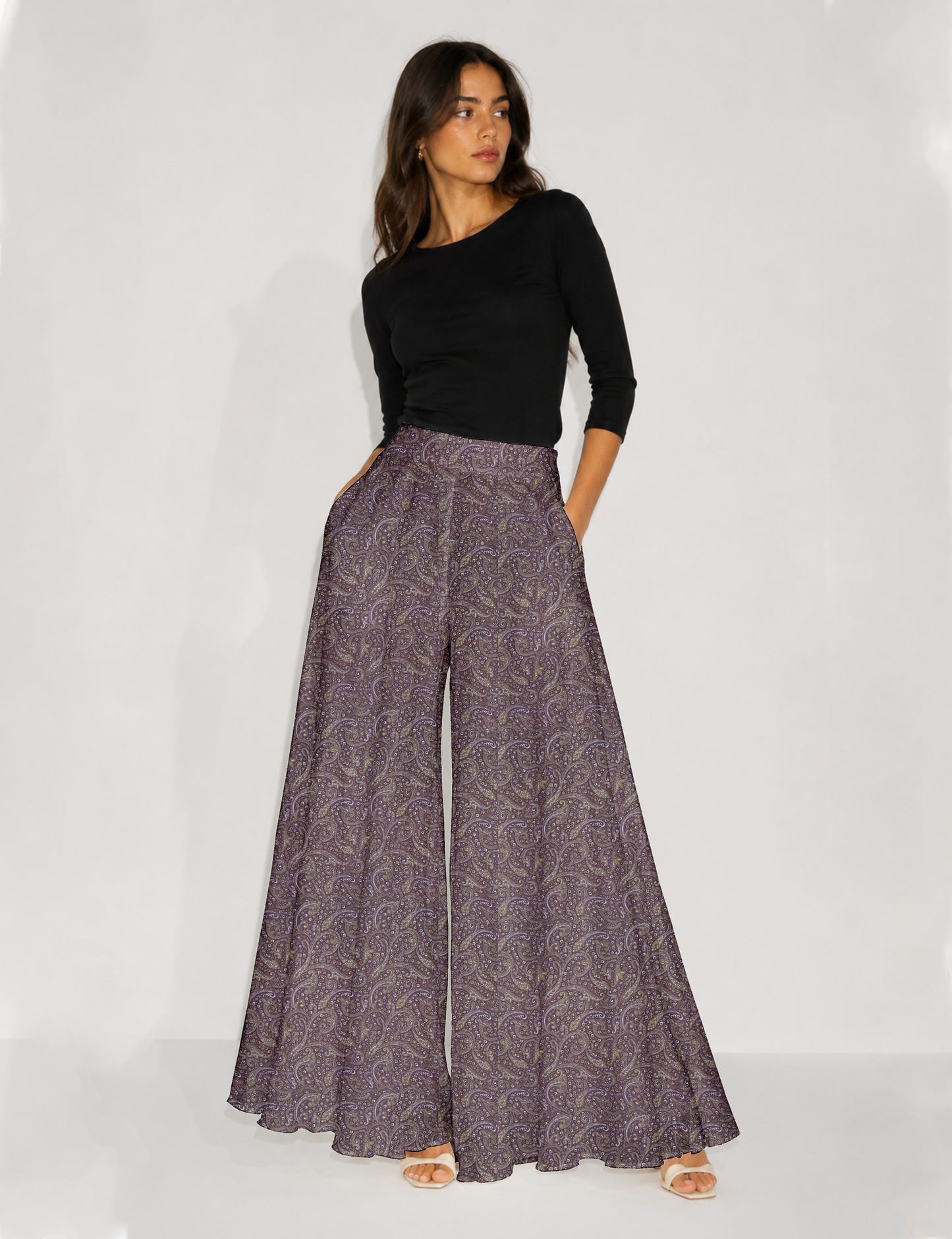 Wide Leg Palazzo Trousers - Purple Paisley