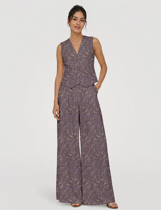 Women's tailored waistcoat set with a sleeveless V-neck button-front waistcoat and high-rise wide leg trousers in a coordinated matching outfit.