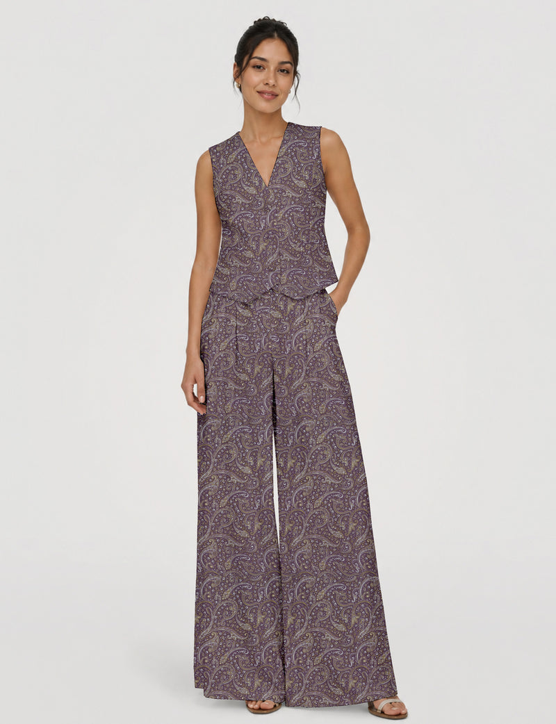 Women's tailored waistcoat set with a sleeveless V-neck button-front waistcoat and high-rise wide leg trousers in a coordinated matching outfit.