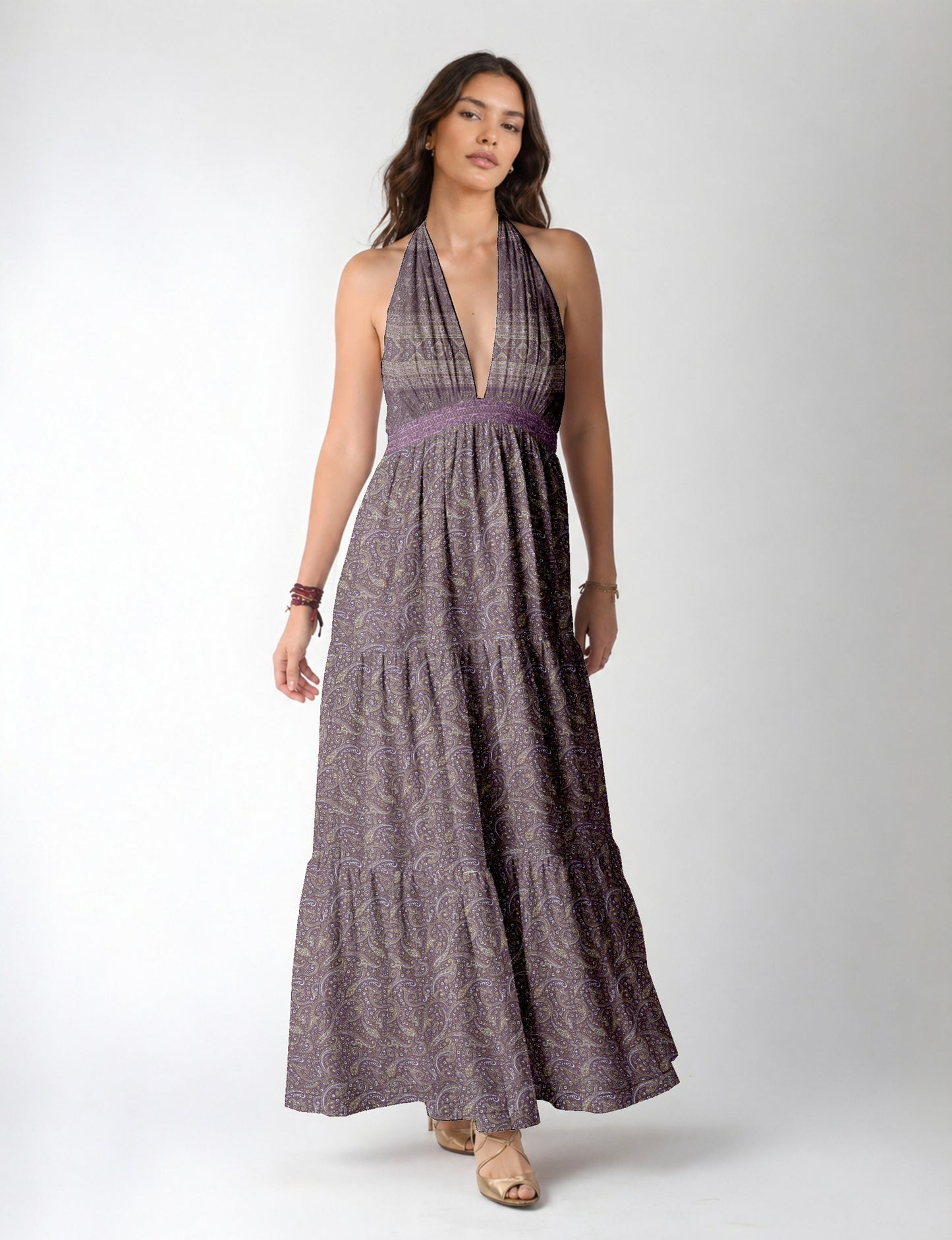 Maxi tiered dress by I was a Sari with halter neckline and flowy silhouette