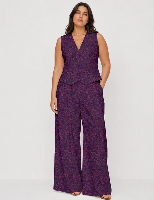 Women's tailored waistcoat set with a sleeveless V-neck button-front waistcoat and high-rise wide leg trousers in a coordinated matching outfit.