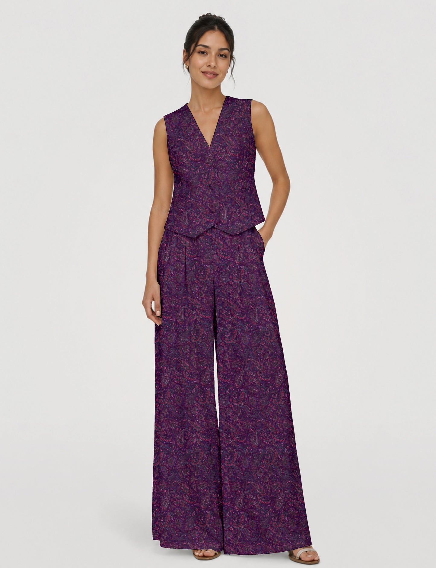 Women's tailored waistcoat set with a sleeveless V-neck button-front waistcoat and high-rise wide leg trousers in a coordinated matching outfit.