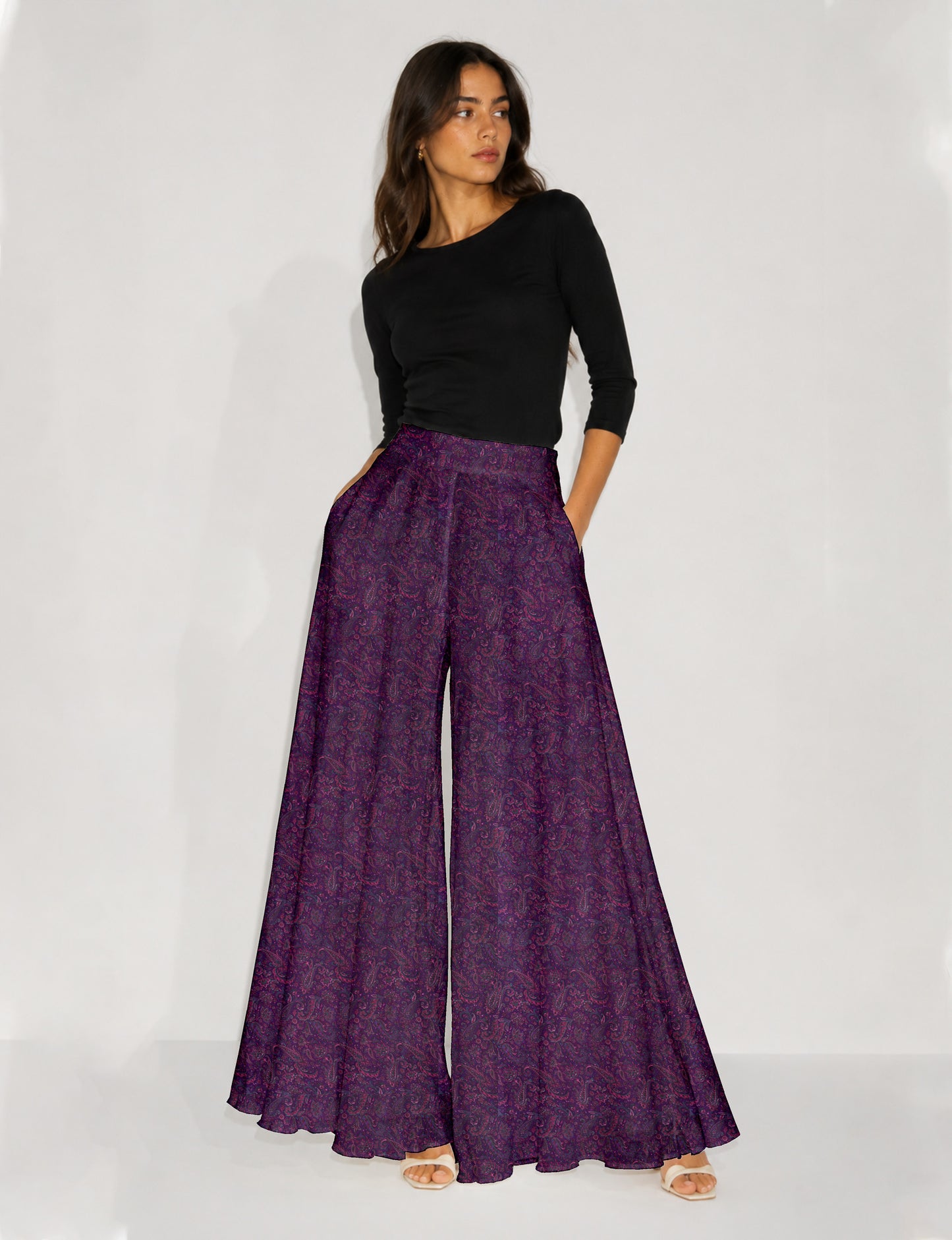 Wide Leg Palazzo Trousers - Purple Paisley