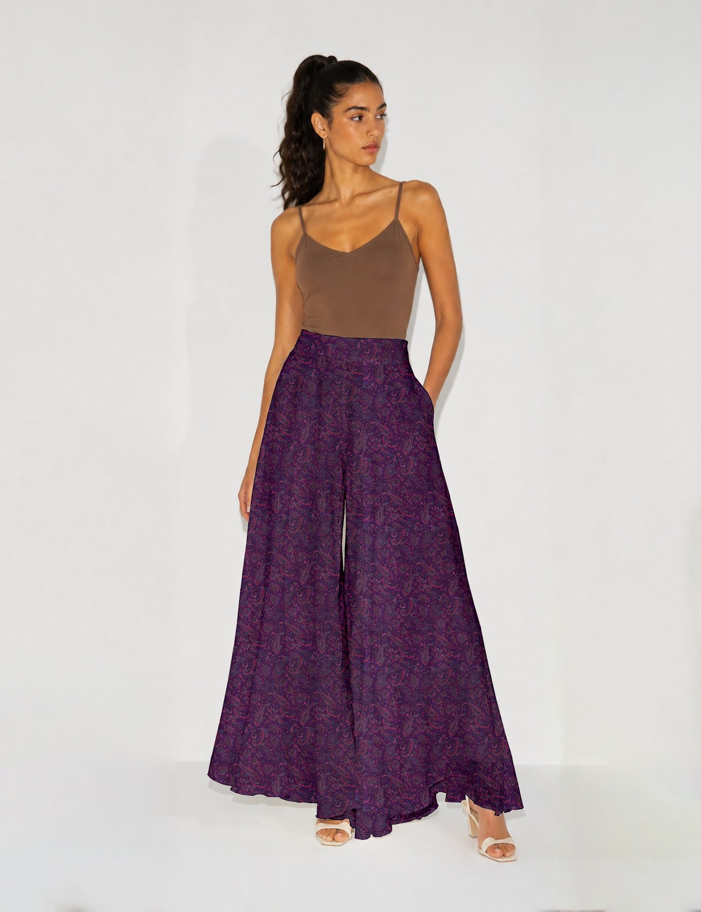 Wide Leg Palazzo Trousers - Purple Paisley