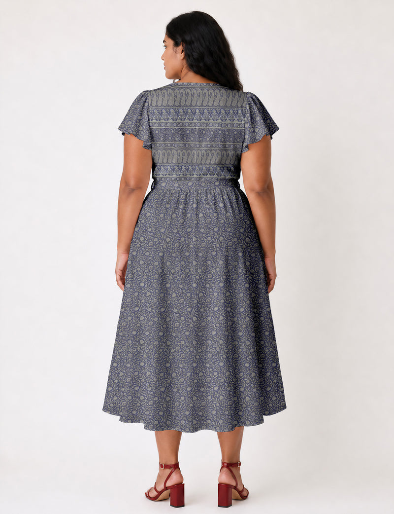 Elegant midi wrap dress with a V-neckline, adjustable waist tie, fitted bodice, and flared skirt for a timeless, flattering silhouette.