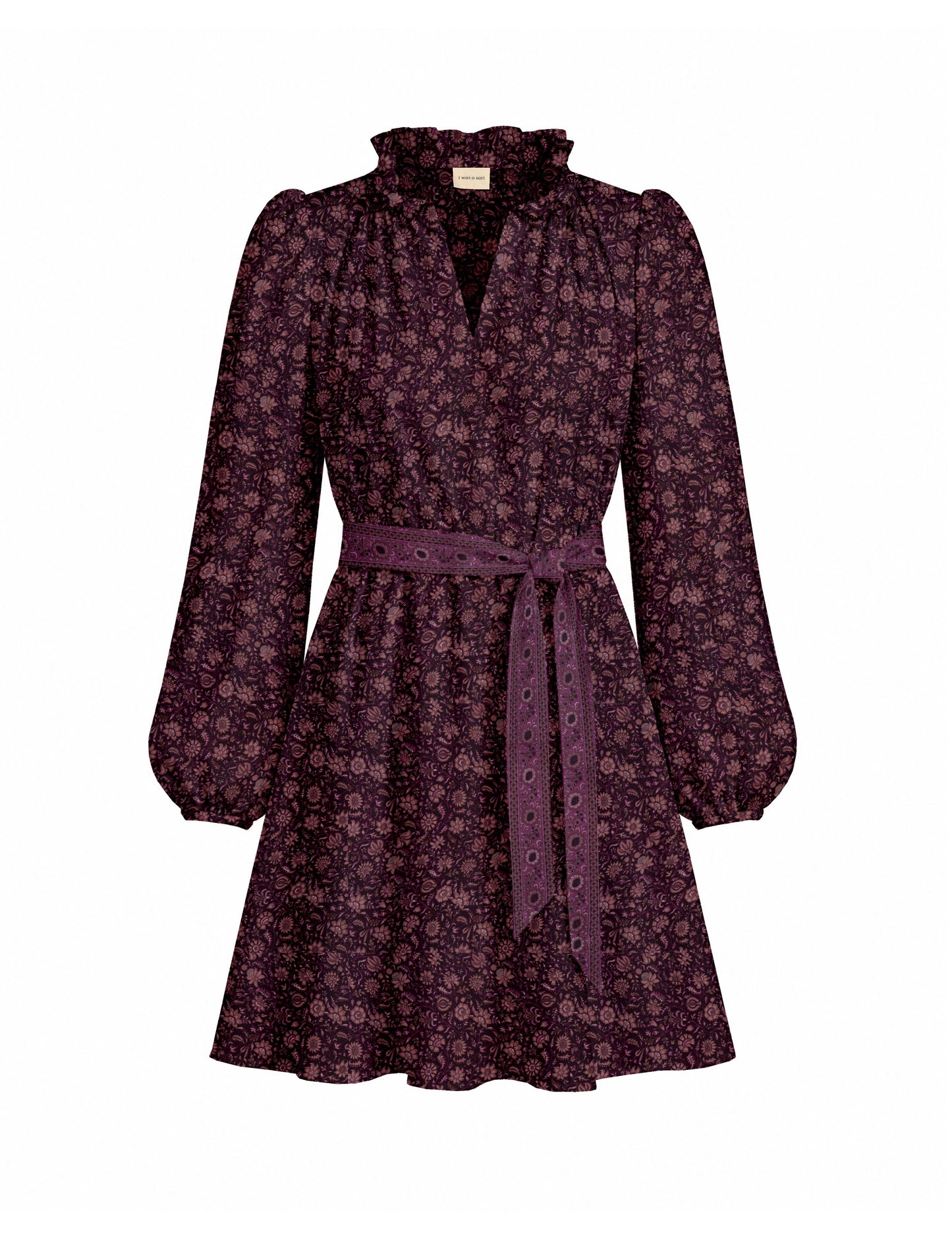 Swing dress with detachable tie belt, gathered ruffle neckline, full-length voluminous sleeves, elastic cuffs, and relaxed A-line silhouette in an above-knee length.