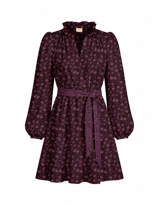 Swing dress with detachable tie belt, gathered ruffle neckline, full-length voluminous sleeves, elastic cuffs, and relaxed A-line silhouette in an above-knee length.