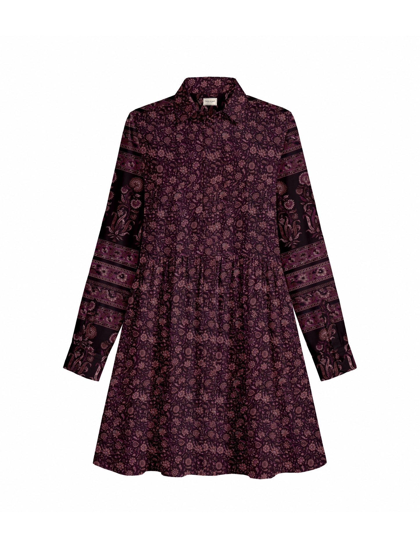 Short shirt dress with a relaxed A-line silhouette, point collar, partial button placket, gathered waist, side pockets, and full-length cuffed sleeves.