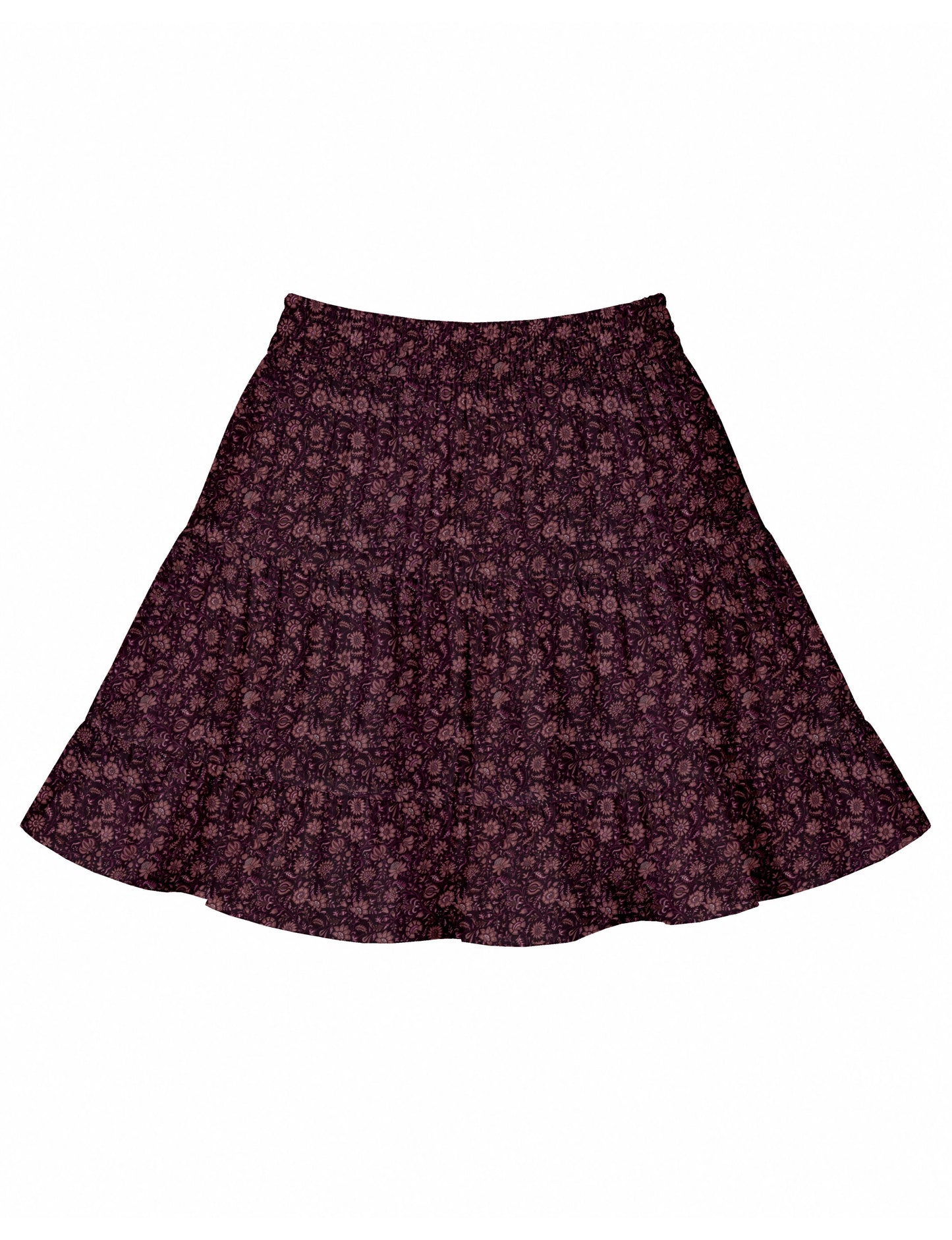 Short tiered skirt with a fitted waistband, knife pleats, softly flared silhouette, side seam pockets, and above-the-knee length.