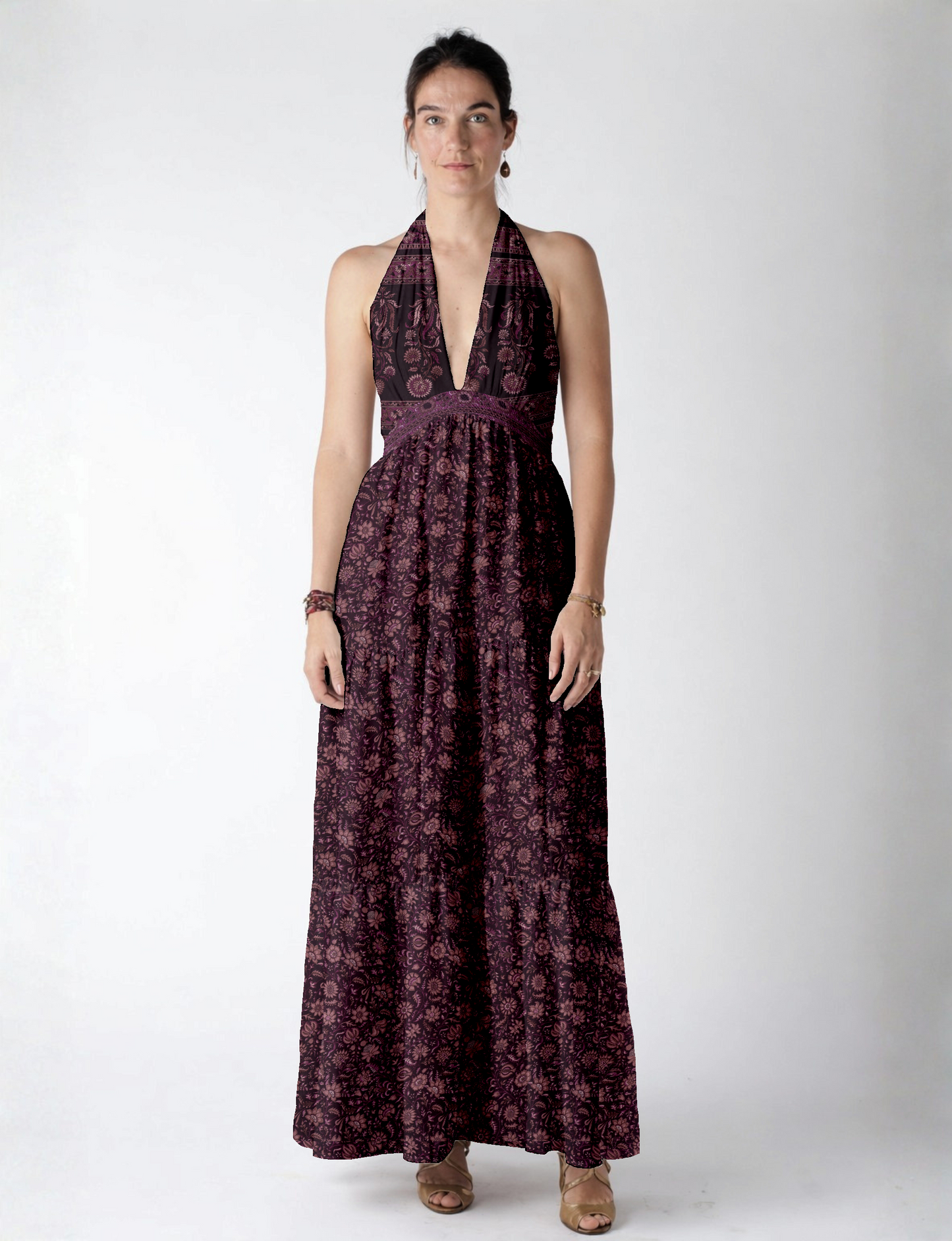 Maxi tiered dress by I was a Sari with halter neckline and flowy silhouette