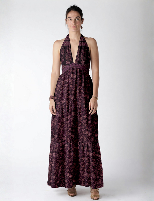 Maxi tiered dress by I was a Sari with halter neckline and flowy silhouette