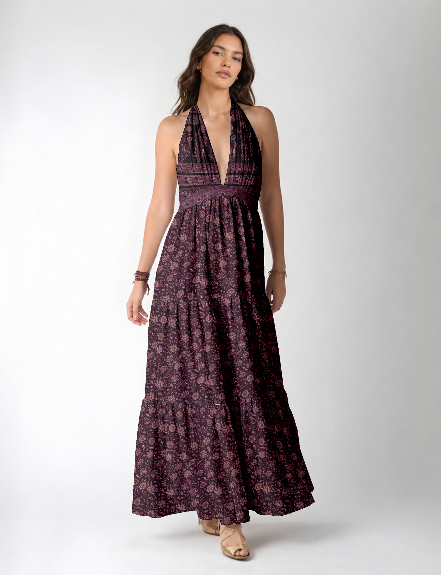 Halter neck maxi dress with tiered layers and elasticated back