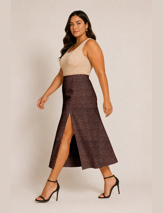 A line skirt with slit - Red Abstract