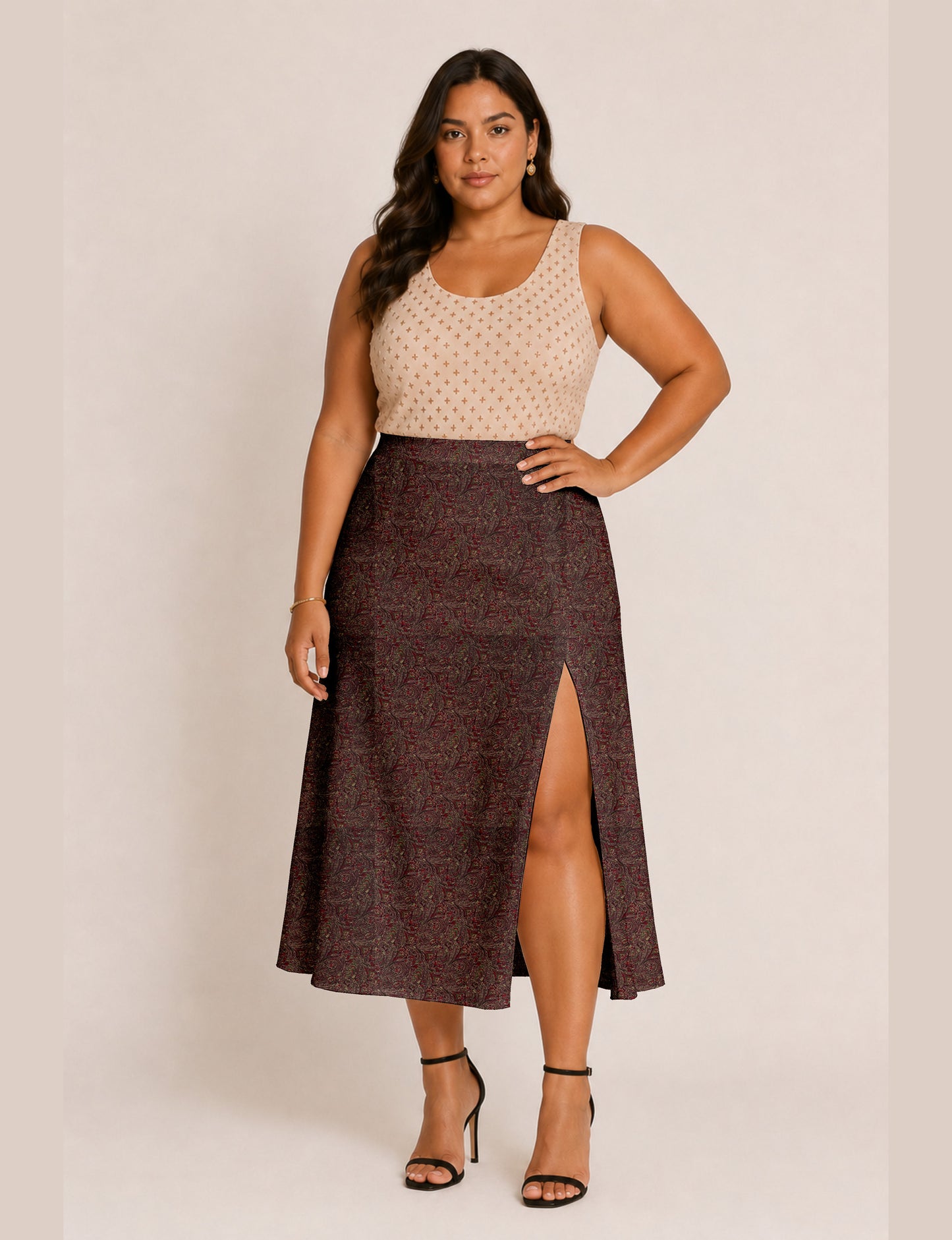 A line skirt with slit - Red Abstract