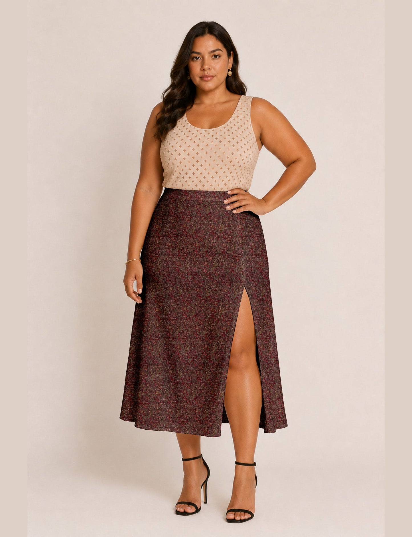 A line skirt with slit - Red Abstract