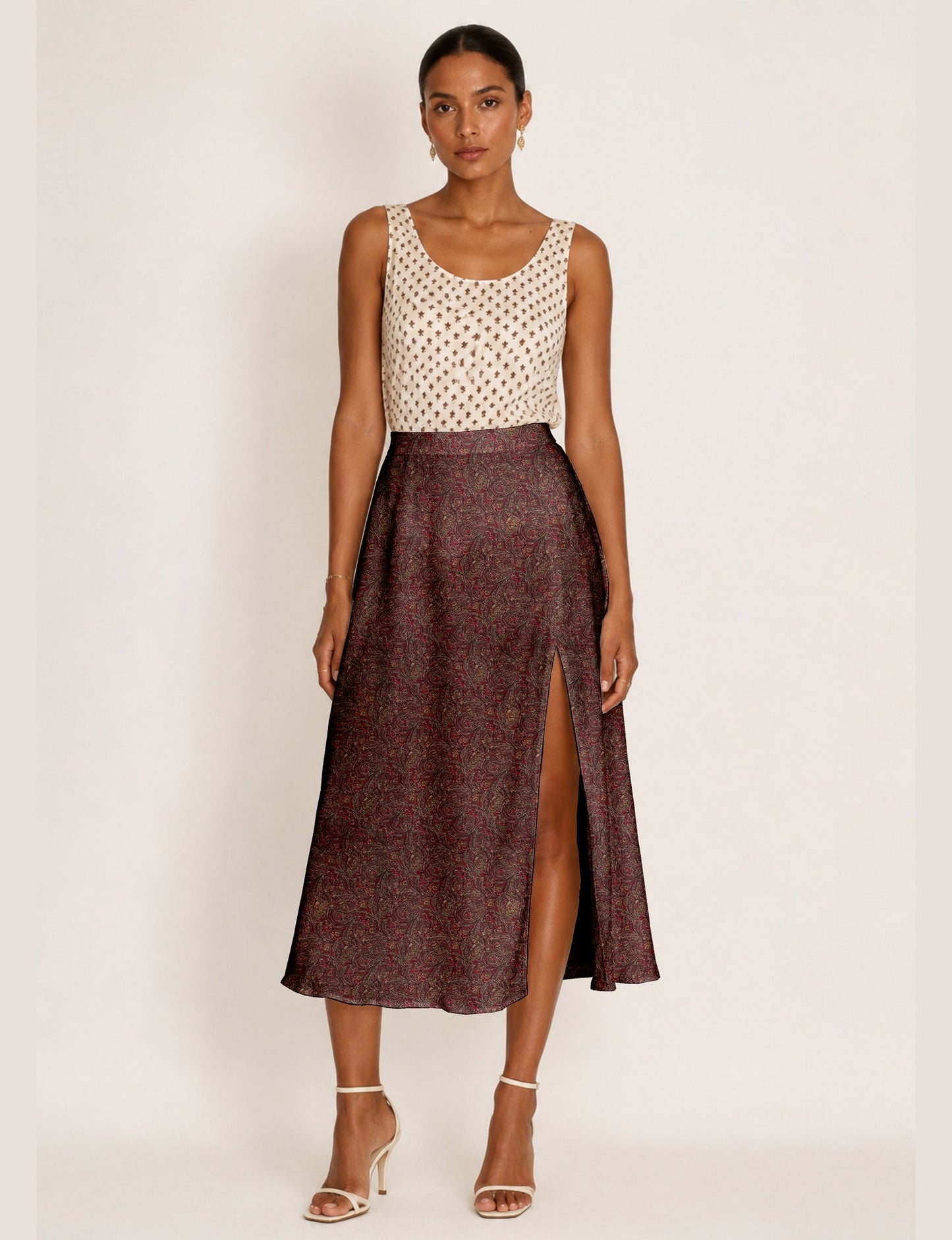 A line skirt with slit - Red Abstract